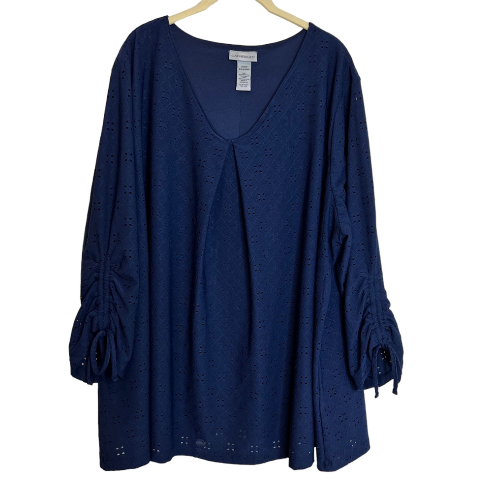 Catherines Womens Eyelet Blouse 3XWP Navy Blue Pullover Ruched Sleeves Lined